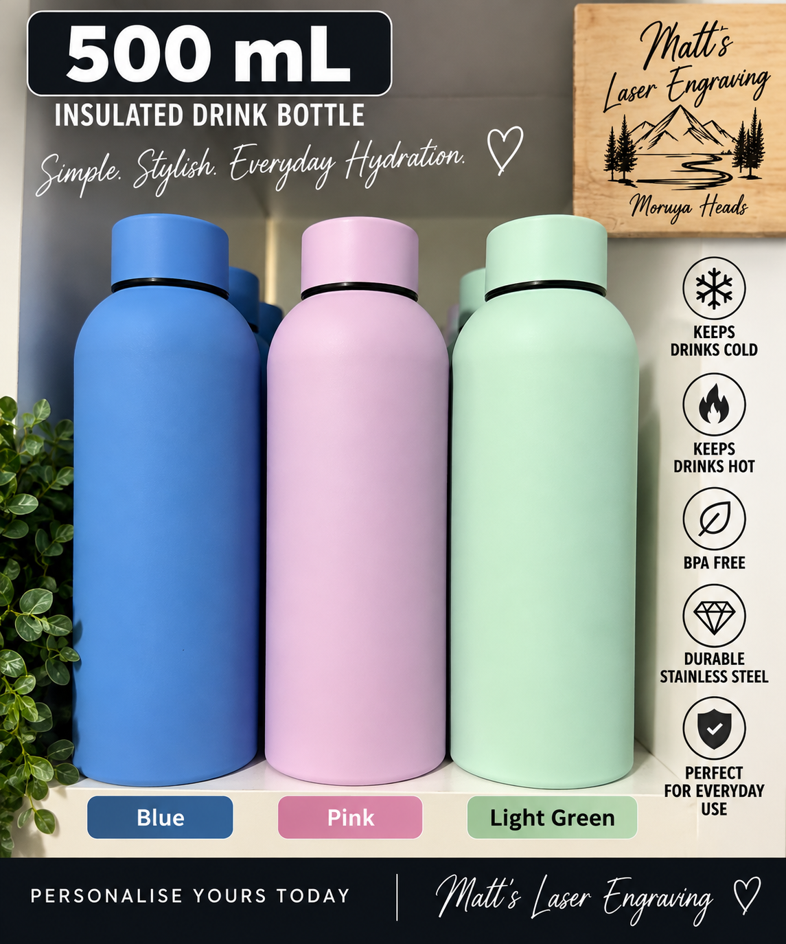 500 mL personalised insulated drink bottles - blue, pink and light green