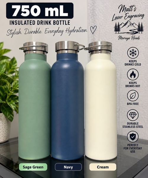 750 mL personalised insulated drink bottles - sage green, navy and cream
