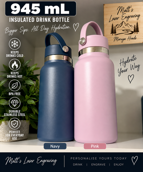 945 mL personalised insulated drink bottles - navy and pink