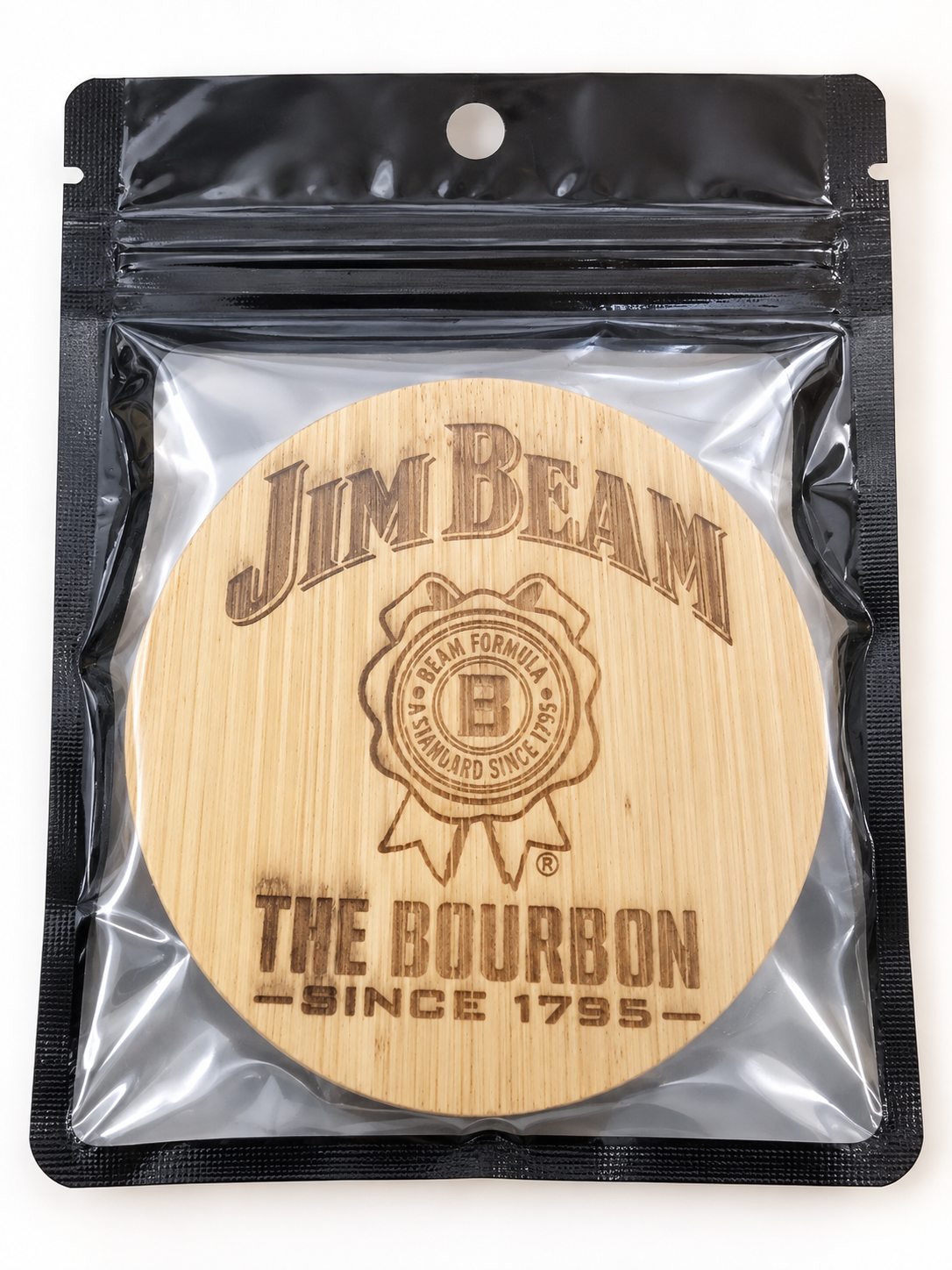 Jim Beam engraved wooden bottle opener in retail pouch on clean background