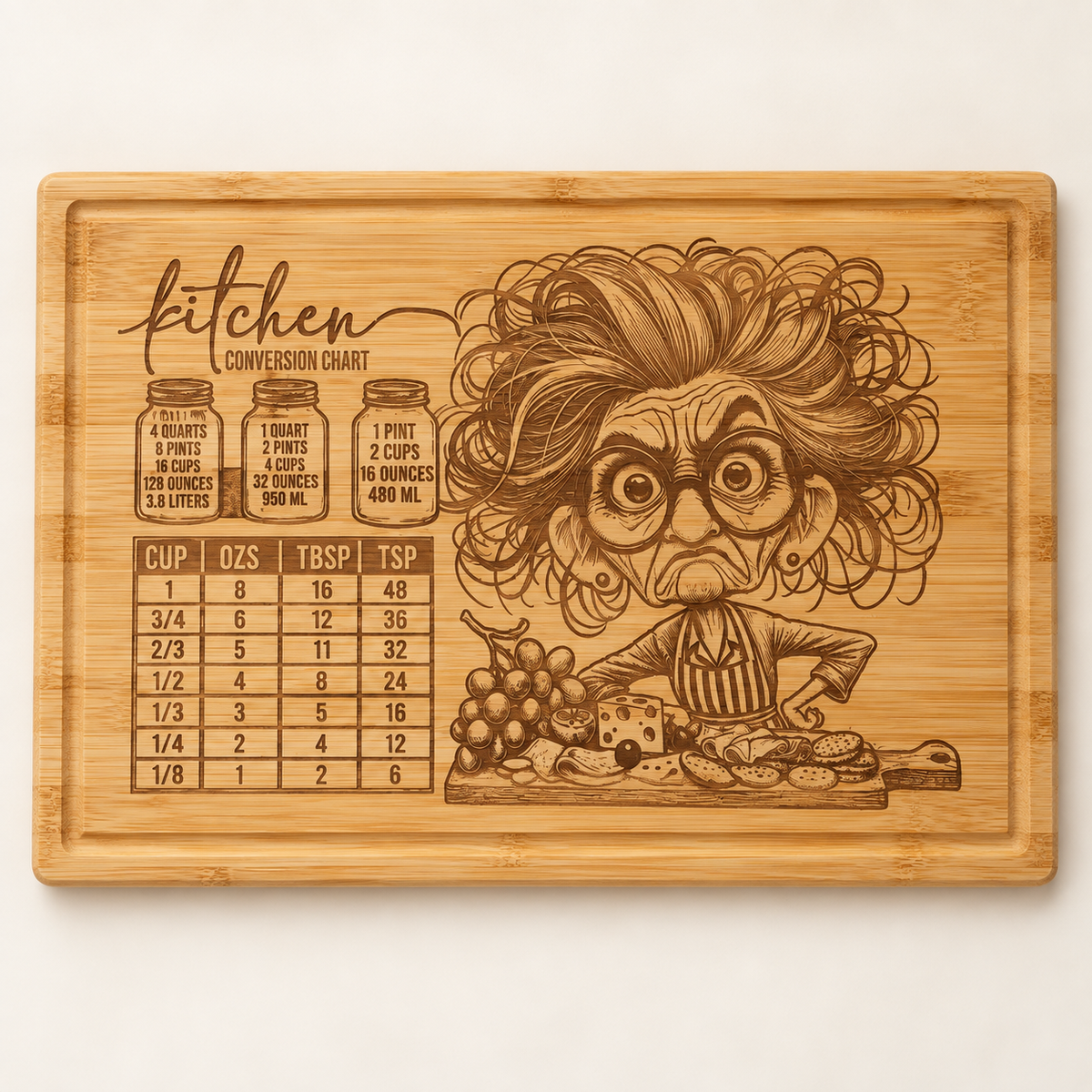 Large bamboo chopping board engraved with a whimsical chef and kitchen conversion chart