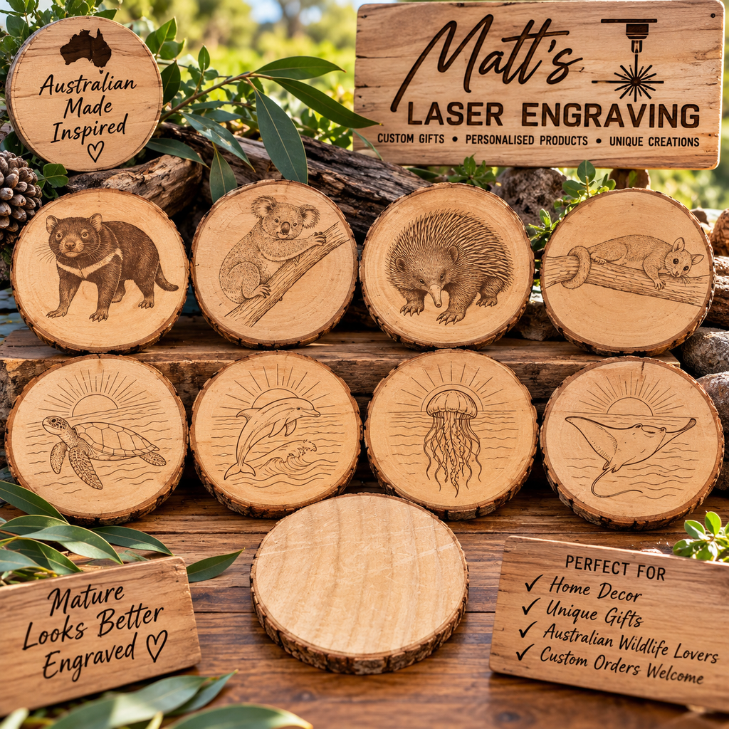 Matt's Laser Engraving Australian wildlife and ocean life natural wood rounds