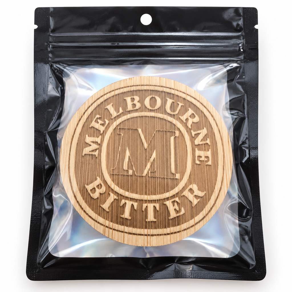 Melbourne Bitter engraved wooden bottle opener in retail pouch on clean background