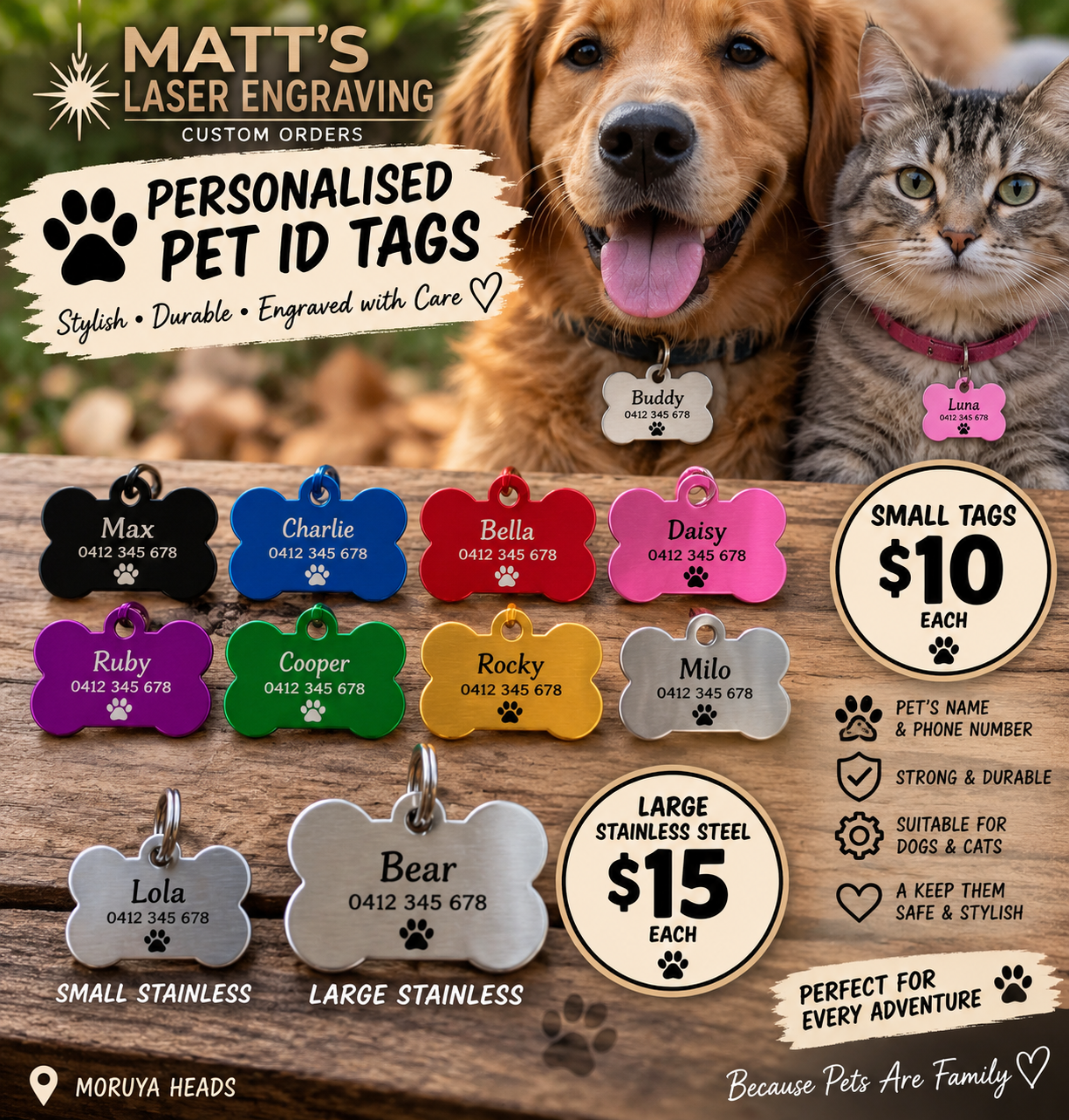 Personalised pet ID tags - small tags $10 each and large stainless steel $15 each