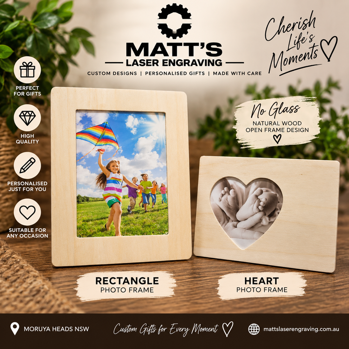 Personalised wooden photo frames - rectangle and heart, no glass