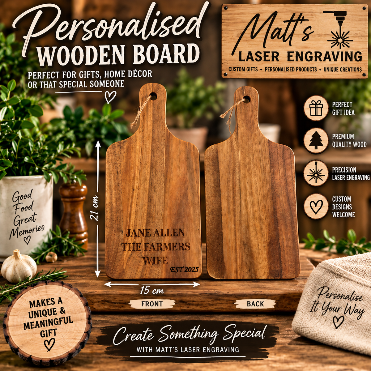 Personalised wooden board 15 cm x 21 cm by Matt's Laser Engraving