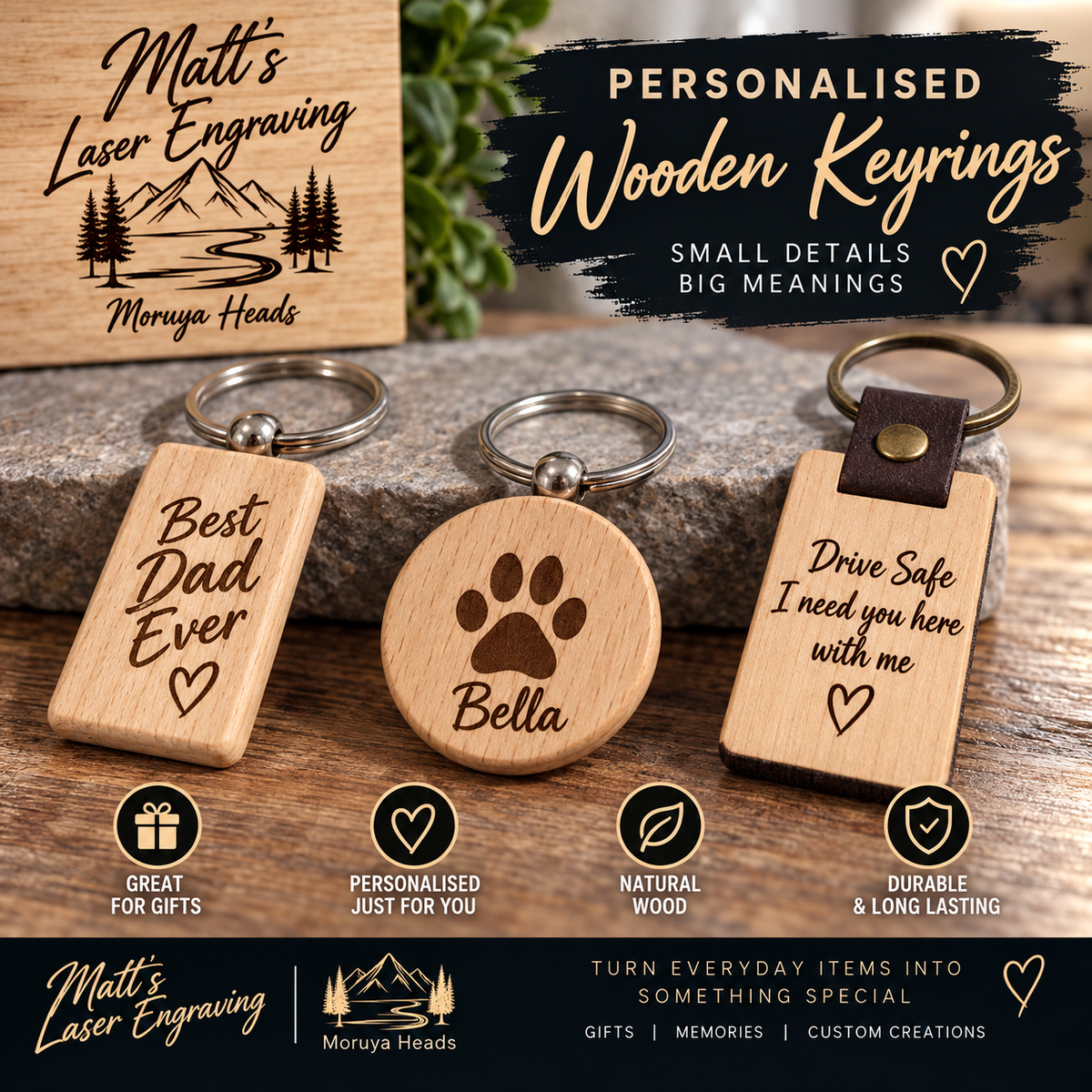 Personalised wooden keyrings - leather strap, round and rectangle styles