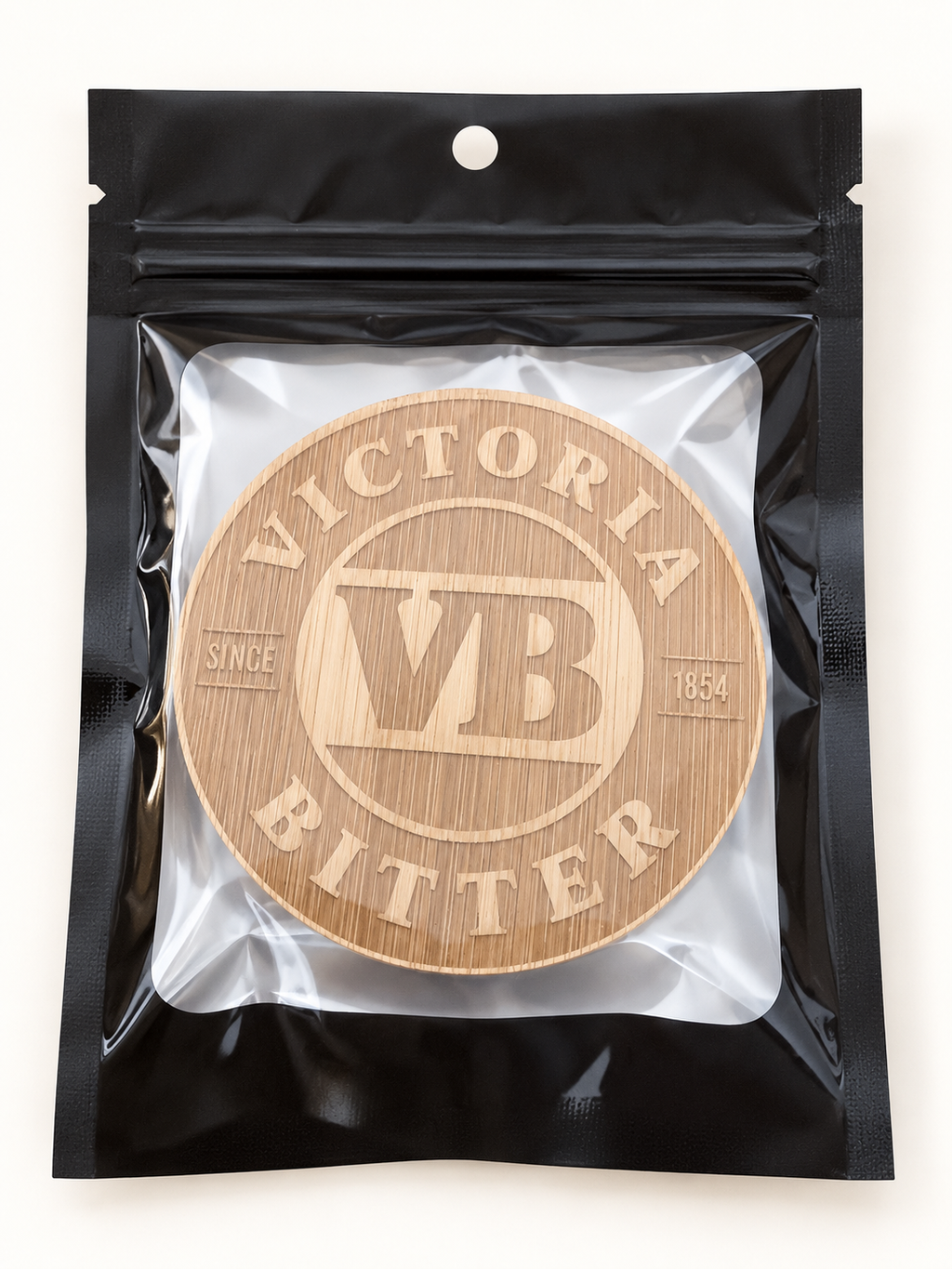 VB engraved wooden bottle opener in retail pouch on clean background